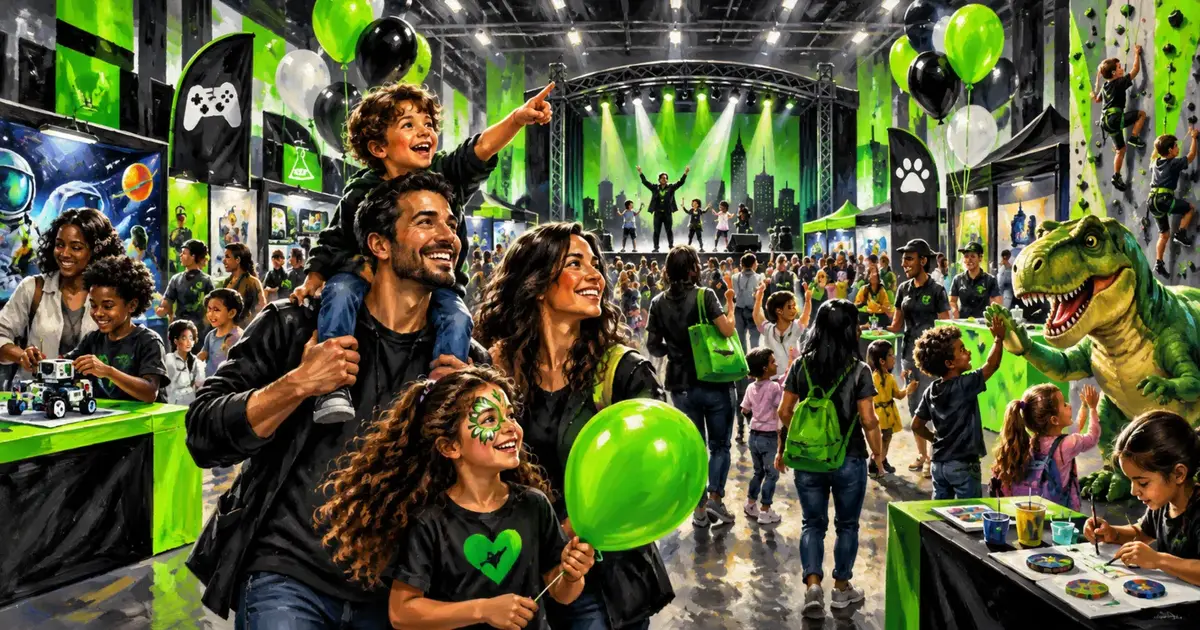 Families enjoying interactive entertainment and activity zones inside a shopping center
