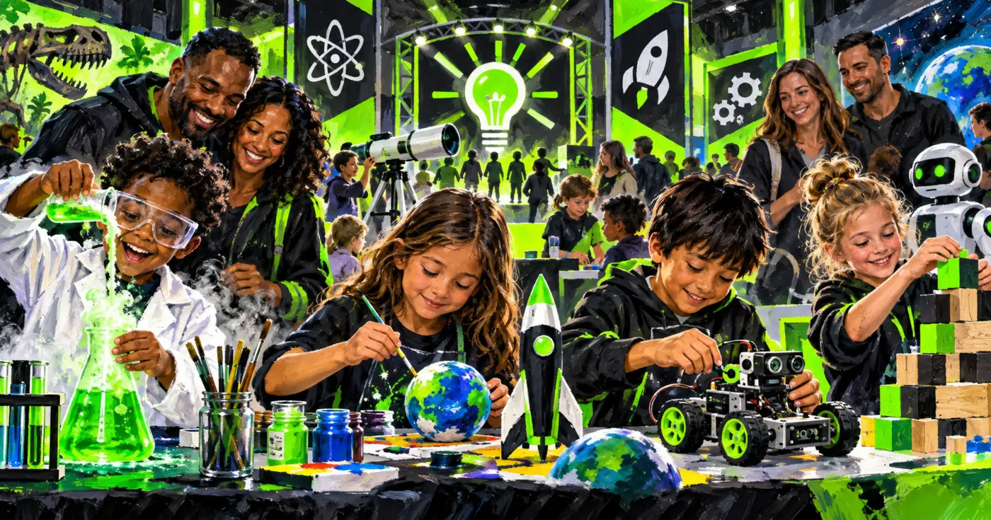 Families exploring science, creativity and technology activities at a Family Expo