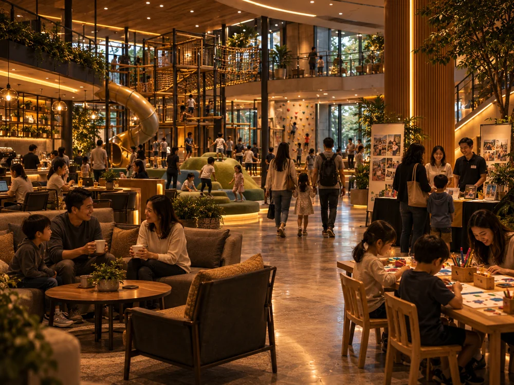 Families connecting through play, creative activities and shared experiences in a family entertainment center